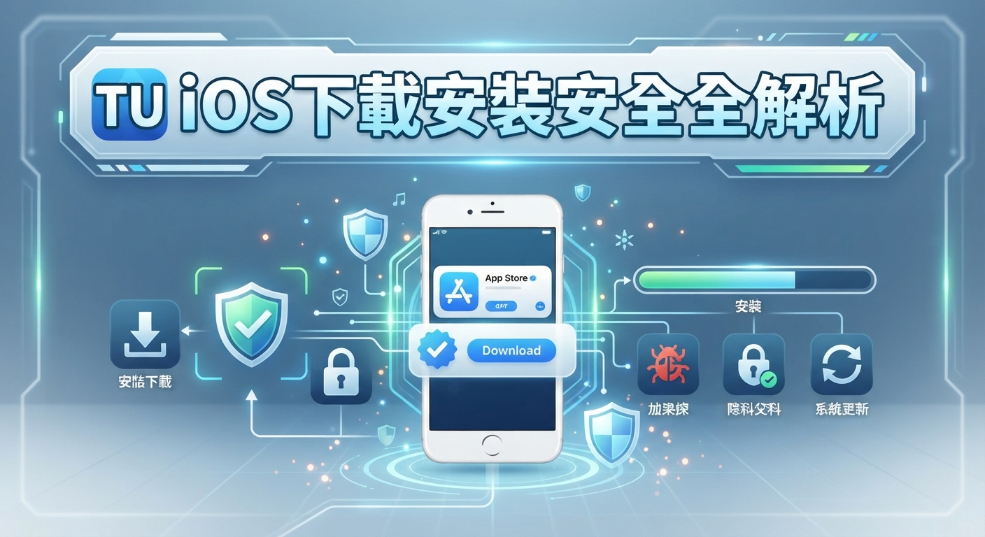 畫面中央展示了一台智慧型手機,周圍環繞著應用程式下載、安全盾牌與上鎖的圖示。 上方醒目地顯示著「TU iOS下載安裝安全全解析」的標題。