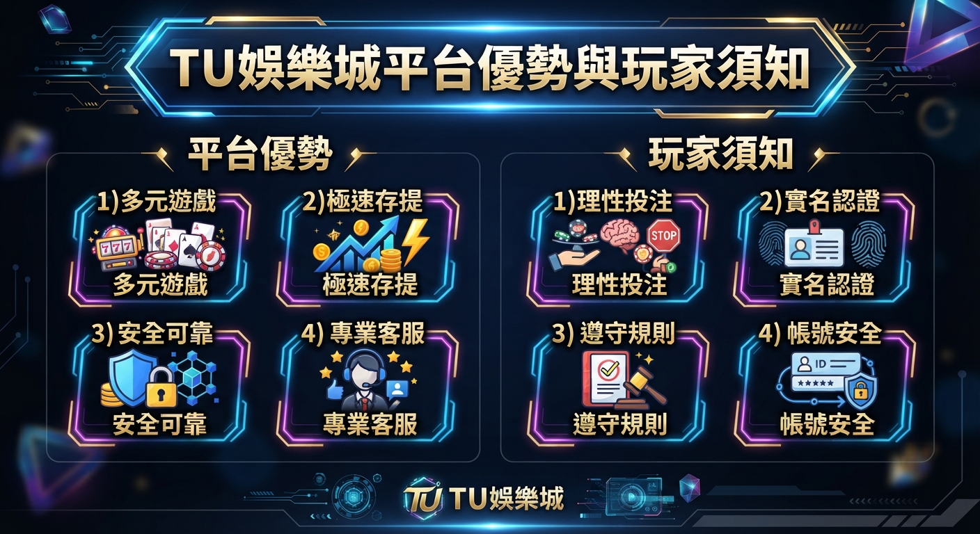 這張圖片展示了TU娛樂城平台的優勢與玩家須知。 畫面採用科技感藍色調,並透過圖標與文字詳細列出平台特點和注意事項。