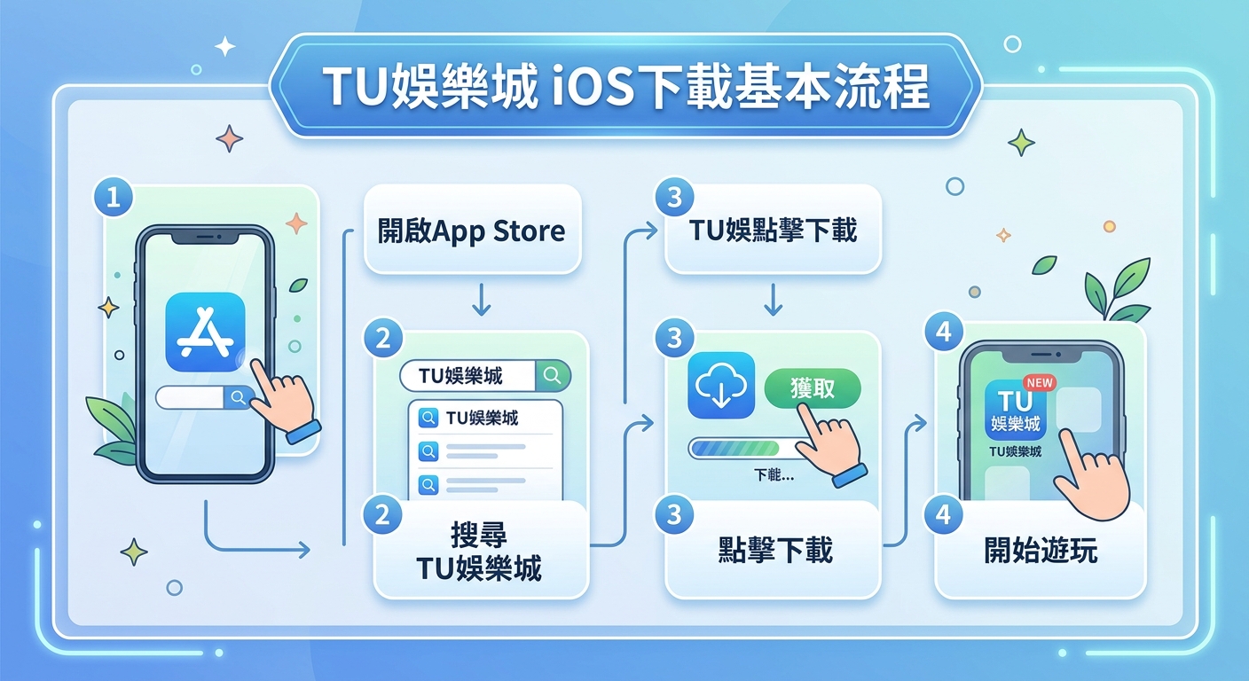 這張圖片展示了 iOS 下載 TU娛樂城的步驟流程圖。 圖中包含手機界面與步驟圖示,引導使用者完成下載與安裝。