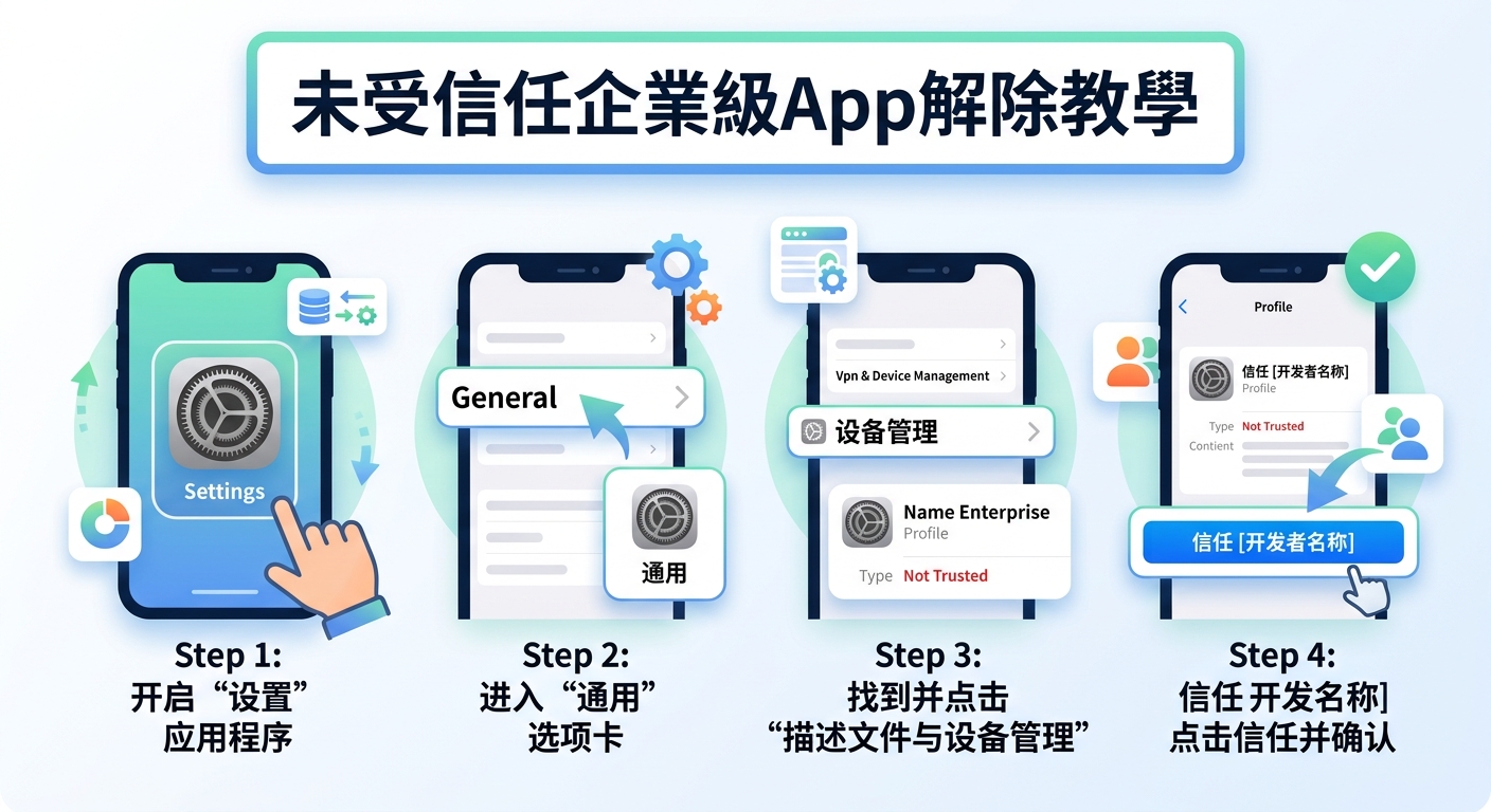 這是一份針對 iOS 系統「未受信任企業級 App」的信任與解除限制教學圖片。 圖中透過四個清晰步驟展示從開啟「設定」、進入「一般」與「裝置管理」,到點擊「信任」開發者的完整操作流程。